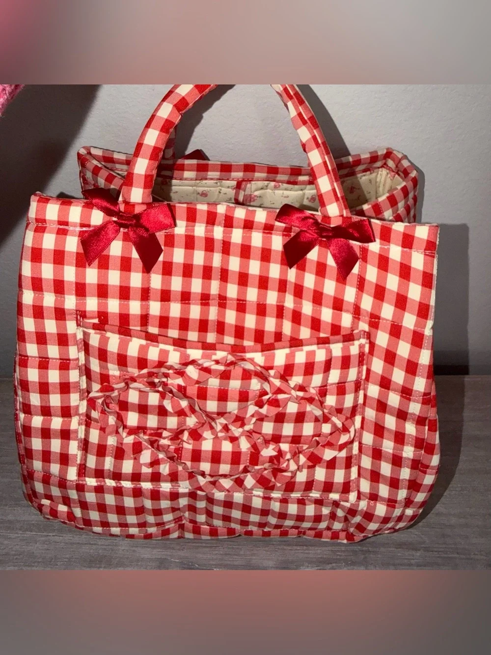 Red Gingham Check Lined Foldable Washable Storage Travel Baby Teacher Bag Tote